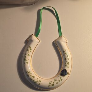 Tara Finebone China Made In Ireland Horseshoe Ornament with Green Ribbon